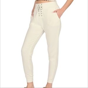 NWT, L, Vintage Havana, pair of cream colored, ribbed, lace up, jogging pants.